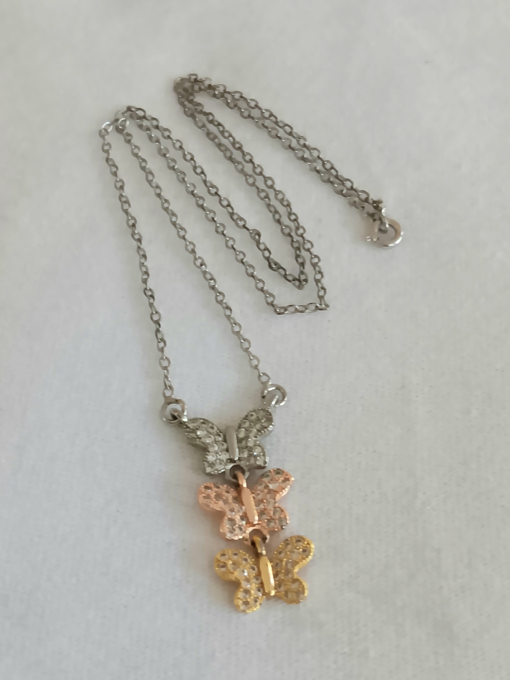 Tri-Color Butterfly Pendant Necklace - Silver, Rose Gold & Gold